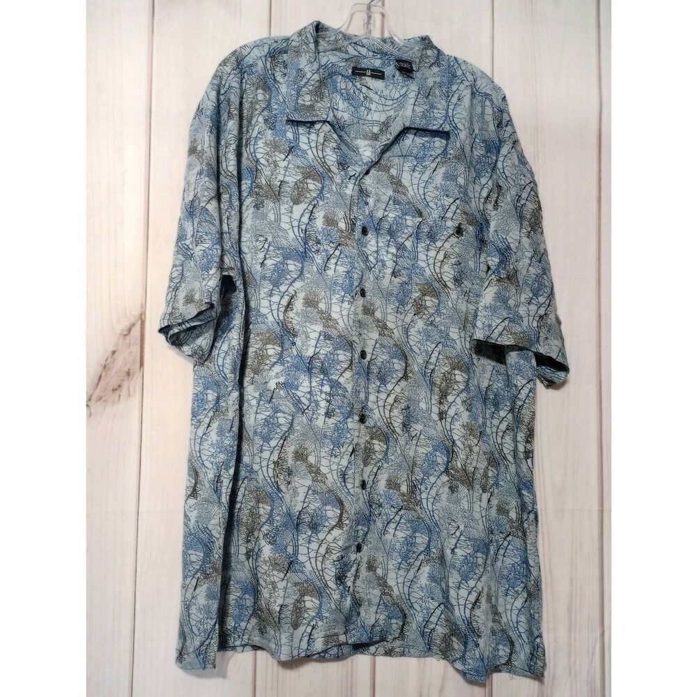 6A Mens 2XT Blue Grey Abstract Rayon Short Sleeve Button Down Camp Shirt Tall